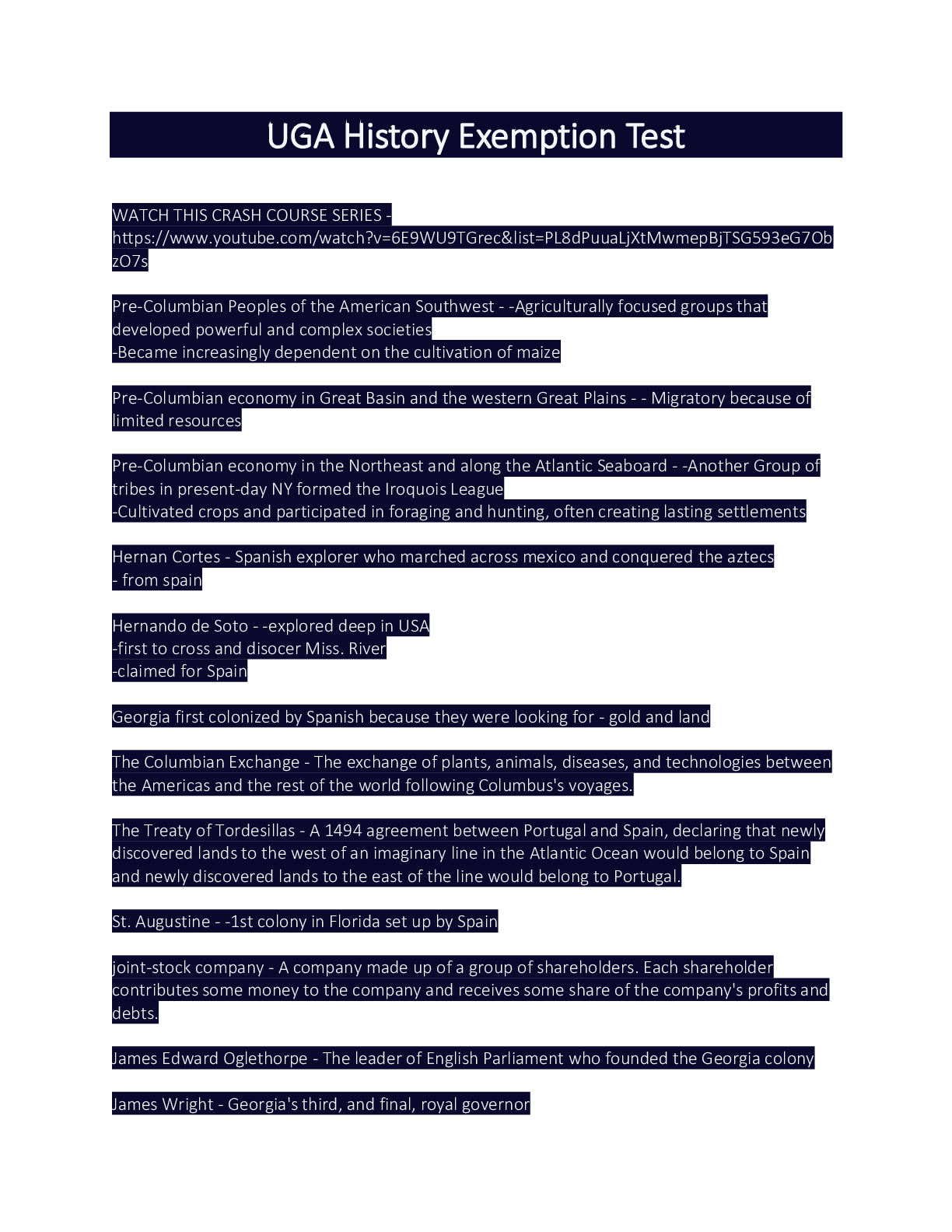 Preview image for UGA History Exemption Test with complete solution